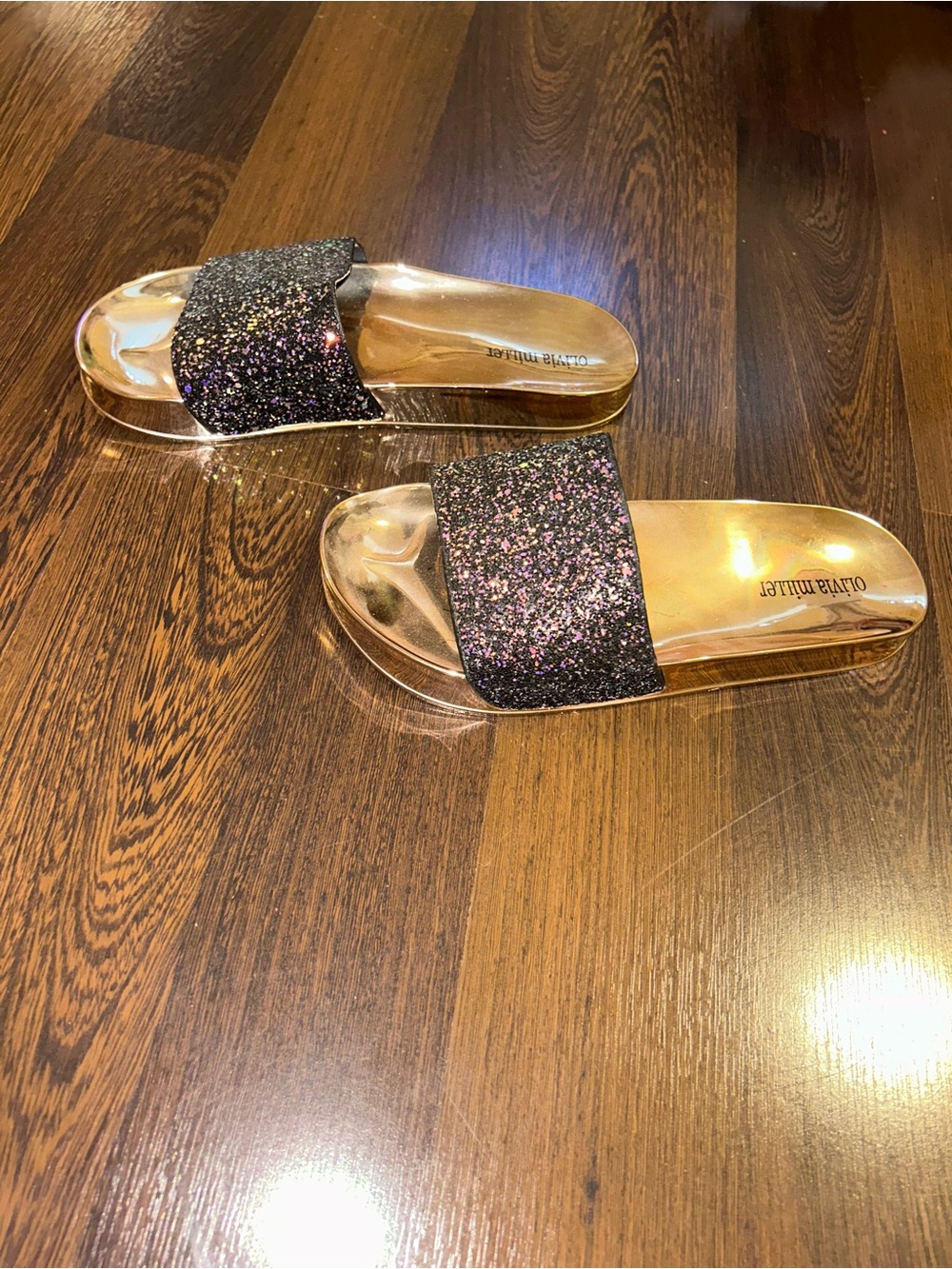 Olivia Miller Gold Footbed Glitter Black Slide Sandals